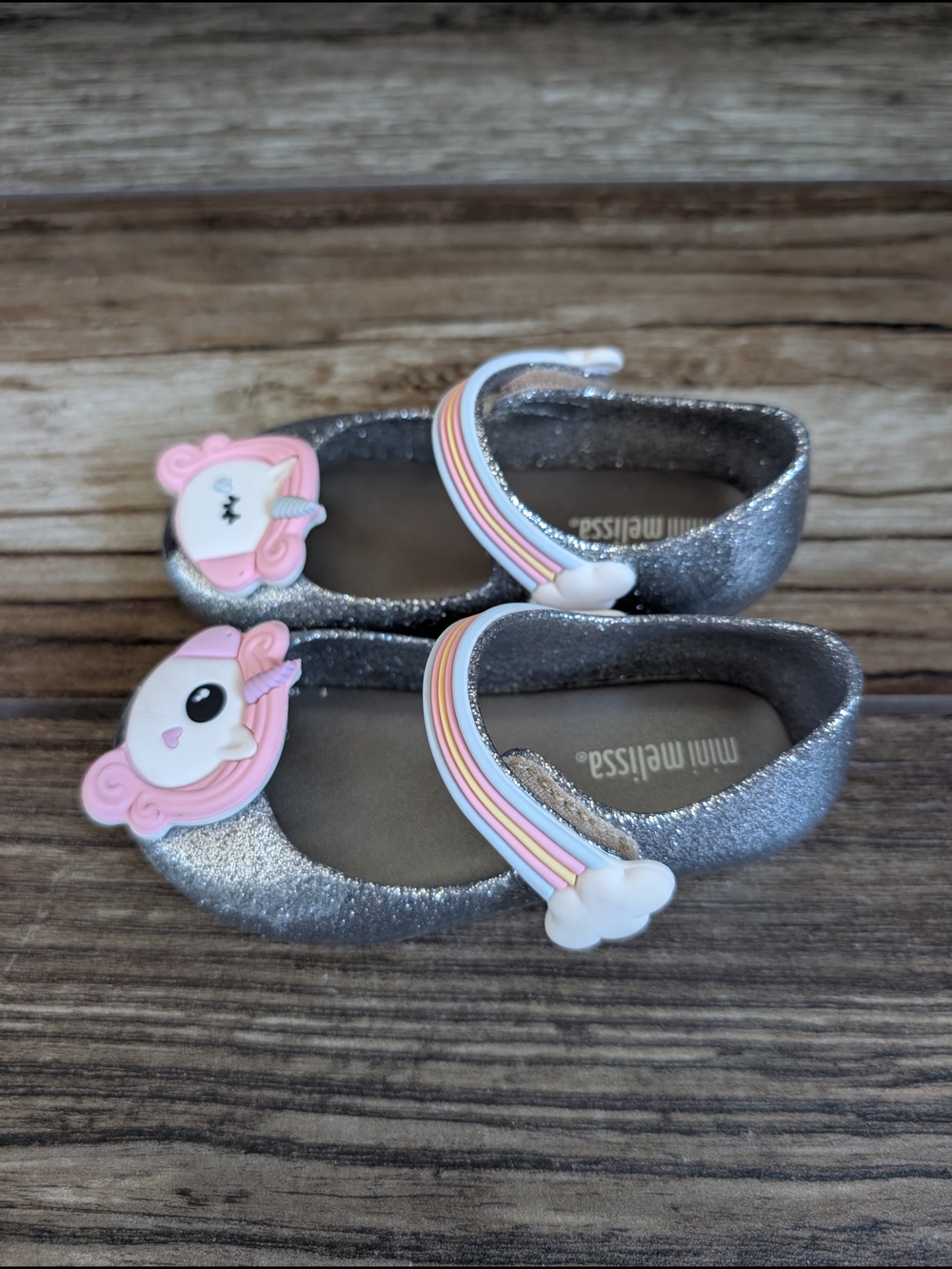 Mini Melissa Silver Glitter Unicorn Strap Kids Shoes
